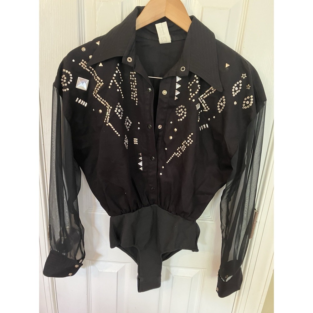 Vintage 80's Med Black Studded Bodysuit Sheer Sleeve Rhinestone Studded Western